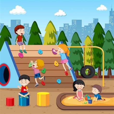 Free Vector Children Playing At The Playground Illustration