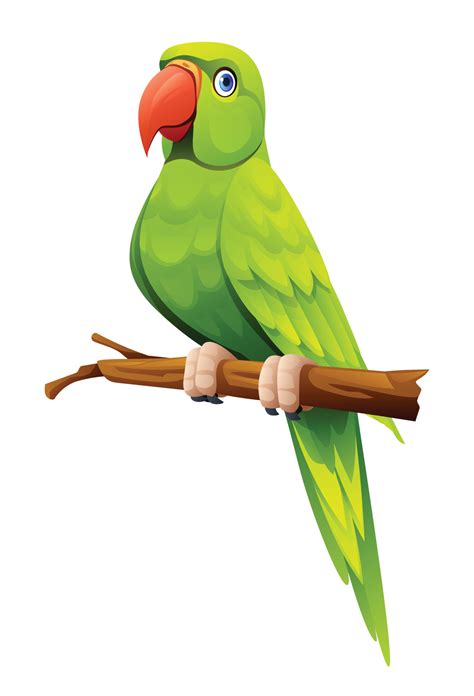 Cute Green Parrot Sitting On Branch Cartoon Illustration Isolated On