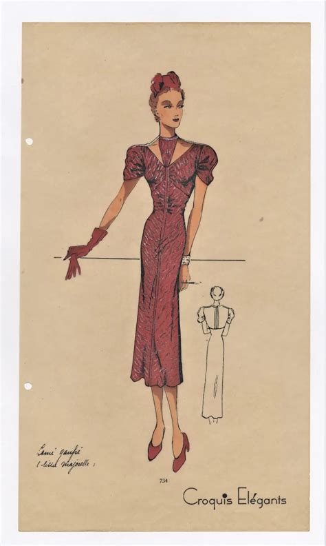 1936 Vintage Art Deco Fashion Design Lithograph Yoshagraphics Ruby