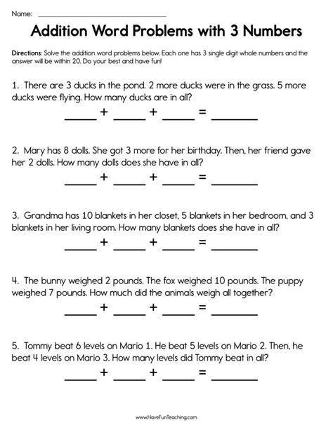 Adding Word Problems With 3 Numbers Worksheet Have Fun Teaching