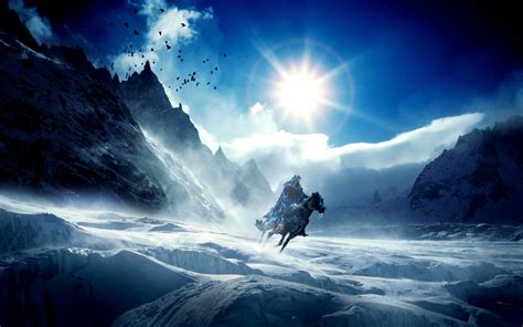 Warriors Mountains Scenery Sky Snow Fantasy Wallpaper 1920x1200