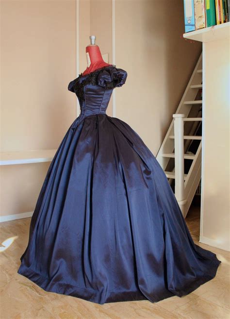 Victorian Ball Gown In Blue Taffeta With Lace Application And Beading