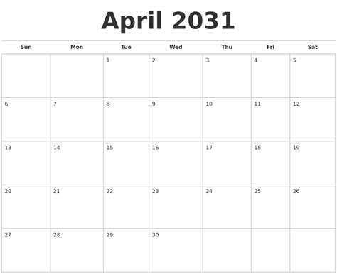 January 2031 Print Free Calendar