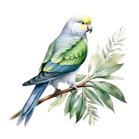 Parakeet Parrot Bird With Eucalyptus Composition Watercolor Parakeet