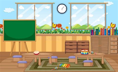 Empty Kindergarten Room With Classroom Objects And Interior Decoration