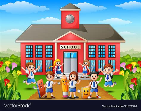 Many School Children In Front School Building Vector Image