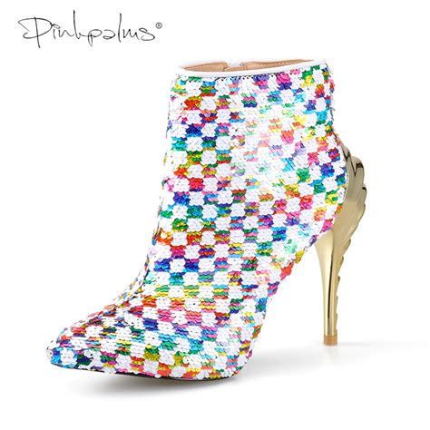 Pink Palms Shoes Women Winter Boots White Multi Color Sequined Cloth