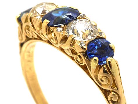 Victorian 18ct Gold Five Stone Sapphire And Diamond Carved Half Hoop