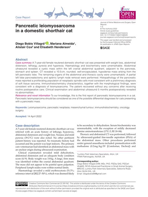 Pdf Pancreatic Leiomyosarcoma In A Domestic Shorthair Cat