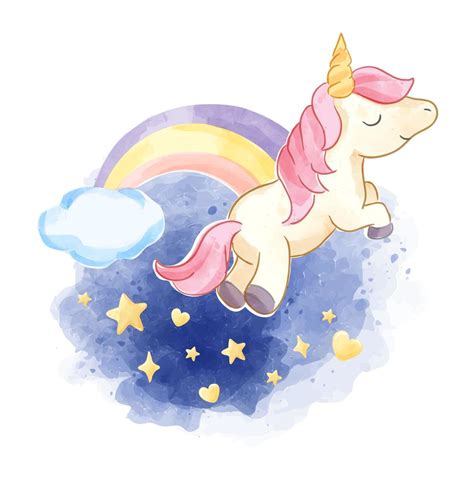 Cute Unicorn On The Night Sky With Rainbow 690355 Vector Art At Vecteezy
