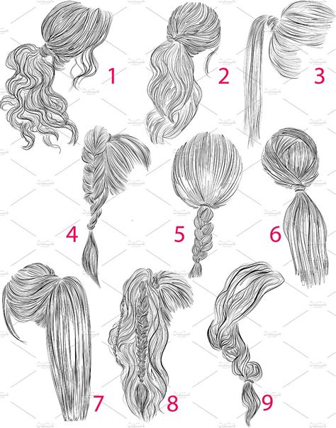 Ponytails Vector Hairstyles Set Ponytail Drawing Drawing Hair Tutorial Hair Sketch