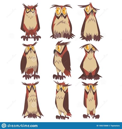 Eagle Owls Birds Set Funny Great Horned Owls Characters