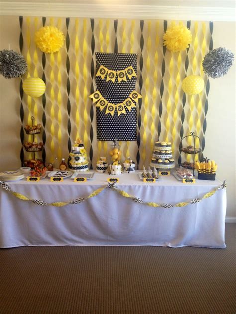 Zotemo mommy to bee banner and cake topper with star garland, gold glitter and black decorations for bumble bee themed baby shower gender reveal party. Mommy to bee baby shower. Bumble bee theme shower | Baby ...