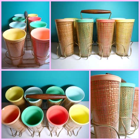 Vtg 1970s Retro Mod Melmac Raffia Ware Drink Tumblers Cups And Metal Caddy 8ct Retro Metal