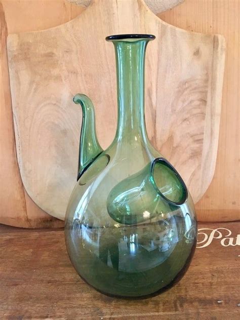 vintage italian hand blown green glass wine decanter carafe old world italy green glass