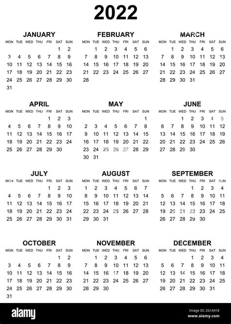 Sencillo Calendario Vectorial Editable Para El Año 2022 Lunes Primero