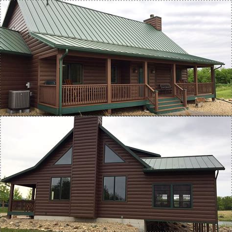 Autumn Brown Steel Log Cabin Beautiful Green Roof And Trim To Add Some
