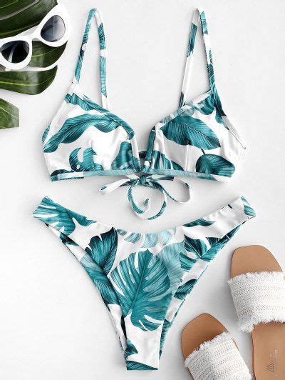 Zaful Palm Leaf V Wired High Leg Bikini Swimsuit M White High Leg