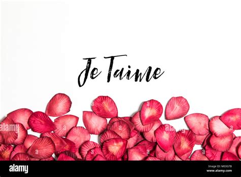 Red Rose Petals With Je Taime Message Stock Photo Alamy