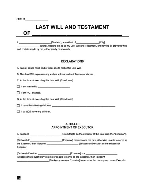 Free Last Will And Testament Form Pdf And Word Legal Templates