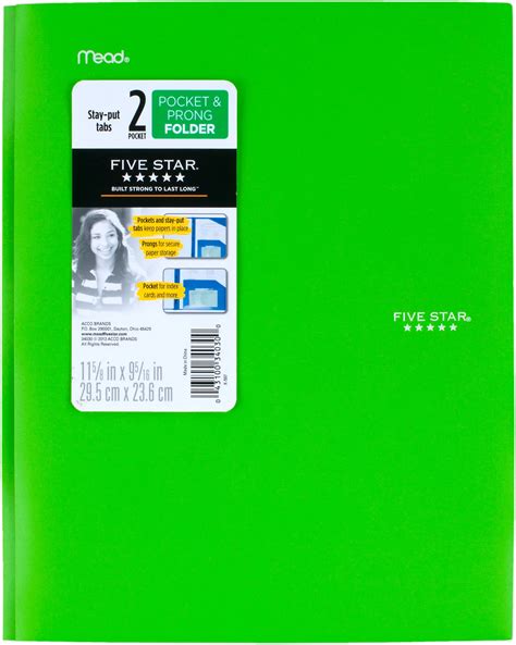 Mead Five Star Stay Put Folder With Prongs Lime Green Shop Folders