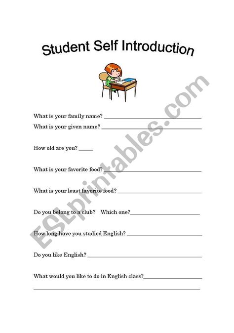 English Worksheets Student Self Introduction