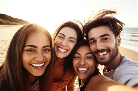 Premium Ai Image Shot Of A Group Of Happy Friends Taking Selfies At The Beach Created With