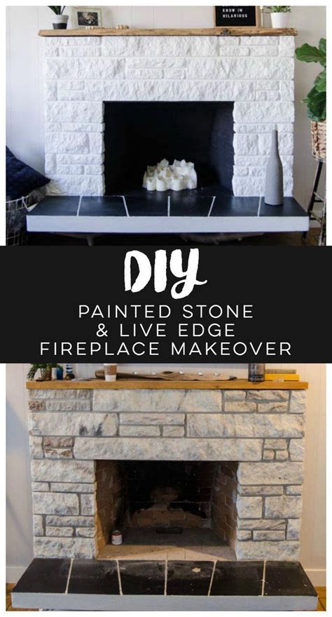 Diy Painted Stone Fireplace Refresh Live Edge Mantle Painted Stone