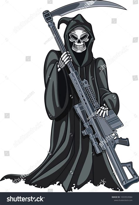 Grim Reaper Holding Sniper Rifle เวกเตอร์สต็อก ปลอดค่าลิขสิทธิ์