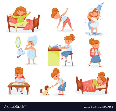 Cartoon Cute Girl Daily Routine And Children Vector Image