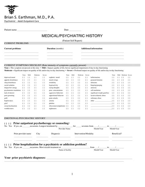 Medical Psychiatric History Form In Word And Pdf Formats