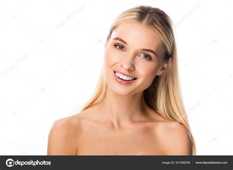 Nua Sorrindo Mulher Loira Com Dentes Brancos Isolados Branco