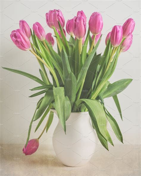Pink Tulips In White Vase Photos Creative Market