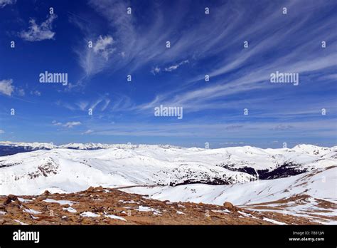 Beautiful High Altitude Alpine Landscape With Snow Capped Peaks Rocky