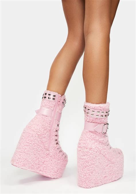 Sugar Thrillz Sherpa Wedge Platform Boots Pink Dolls Kill