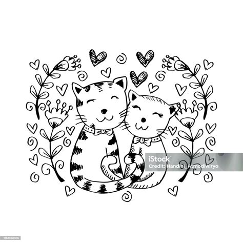 Two Cute Cats In Love Hand Drawing Illustration Stock Illustration