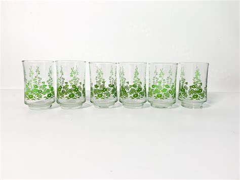 Vintage Set Of 6 Juice Glasses Libbey Green Flowers And Leaves Design