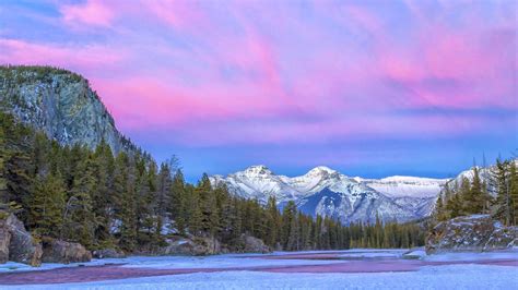Canada National Park River Mountain Clouds Purple Sky Winter