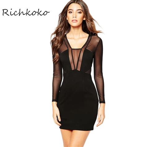 Richkoko Mode Vrouwen Jurk Sexy Black Mesh Sheer Lange Mouwen Patchwork