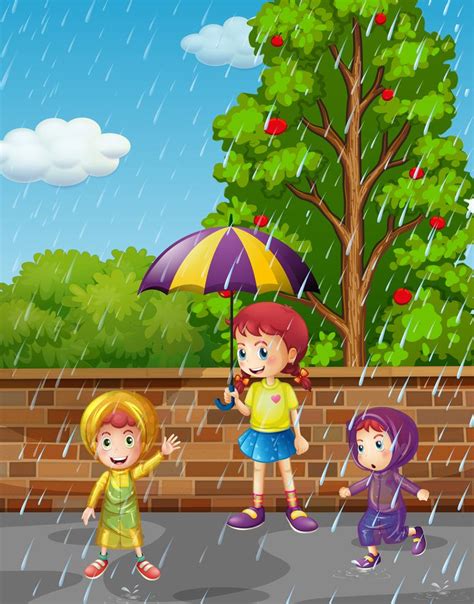 Rainy Season With Three Kids In The Rain 373485 Vector Art At Vecteezy