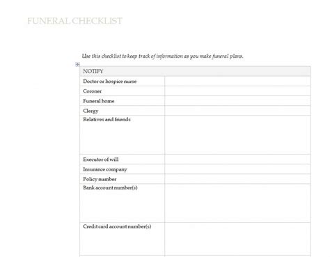 Free Printable Funeral Checklist