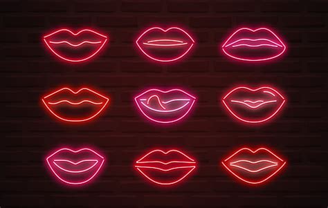 Vector Neon Lips Signs Over Brickwall Background Stock Illustration