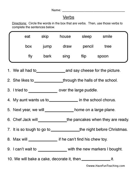 Verb Worksheets Front And Back