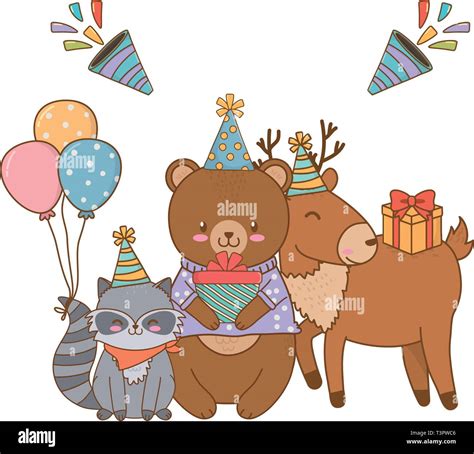 Cute Little Animals At Birthday Party Festive Scene Cartoon Vector
