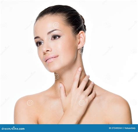 Beautiful Woman Cares Of Neck Stock Photo Image Of Posing Background