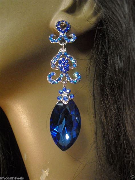 Austrian Crystal Blue Chandelier Earrings Rhinestone Bridal Prom