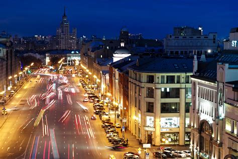 Russia Moscow Houses Roads Street Night Street Lights Motion