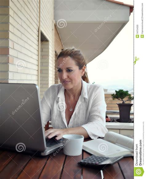 Woman Working Quietly On Your Terrace Stock Photo - Image of outside ...