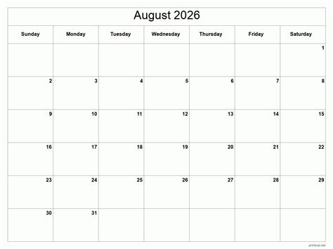 Printable August 2026 Calendar Classic Blank Sheet