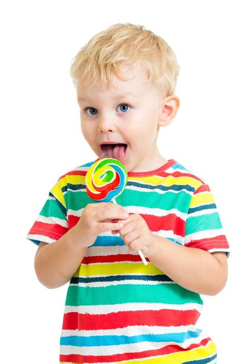 Kid Boy Eating Lollipop Isolated Stock Image Image Of Blueeyed